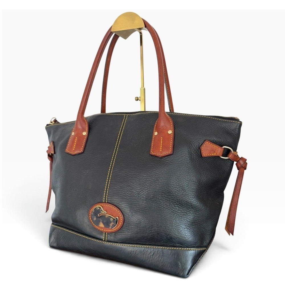Dooney & Bourke Black Pebbled Leather Tote British Tan Trim Duck Logo